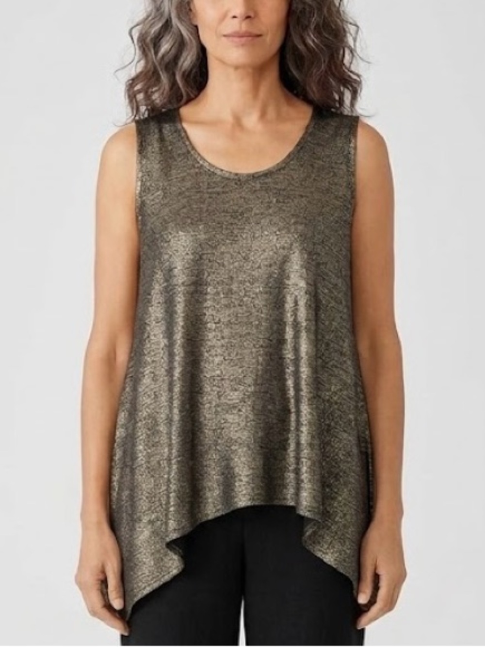 Eileen Fisher Linen Metallic Gold Asymmetrical Hem Tunic Top